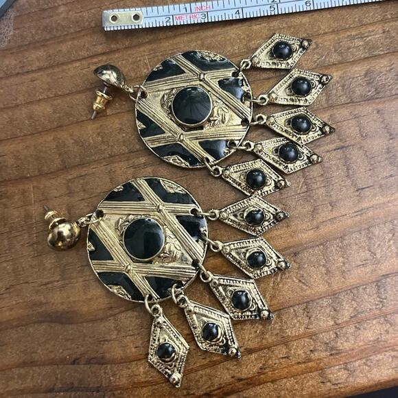 Vintage 80s 1980s HUGE Gold and Black Stone Oversized Chandelier Earrings A1 - Picture 5 of 6